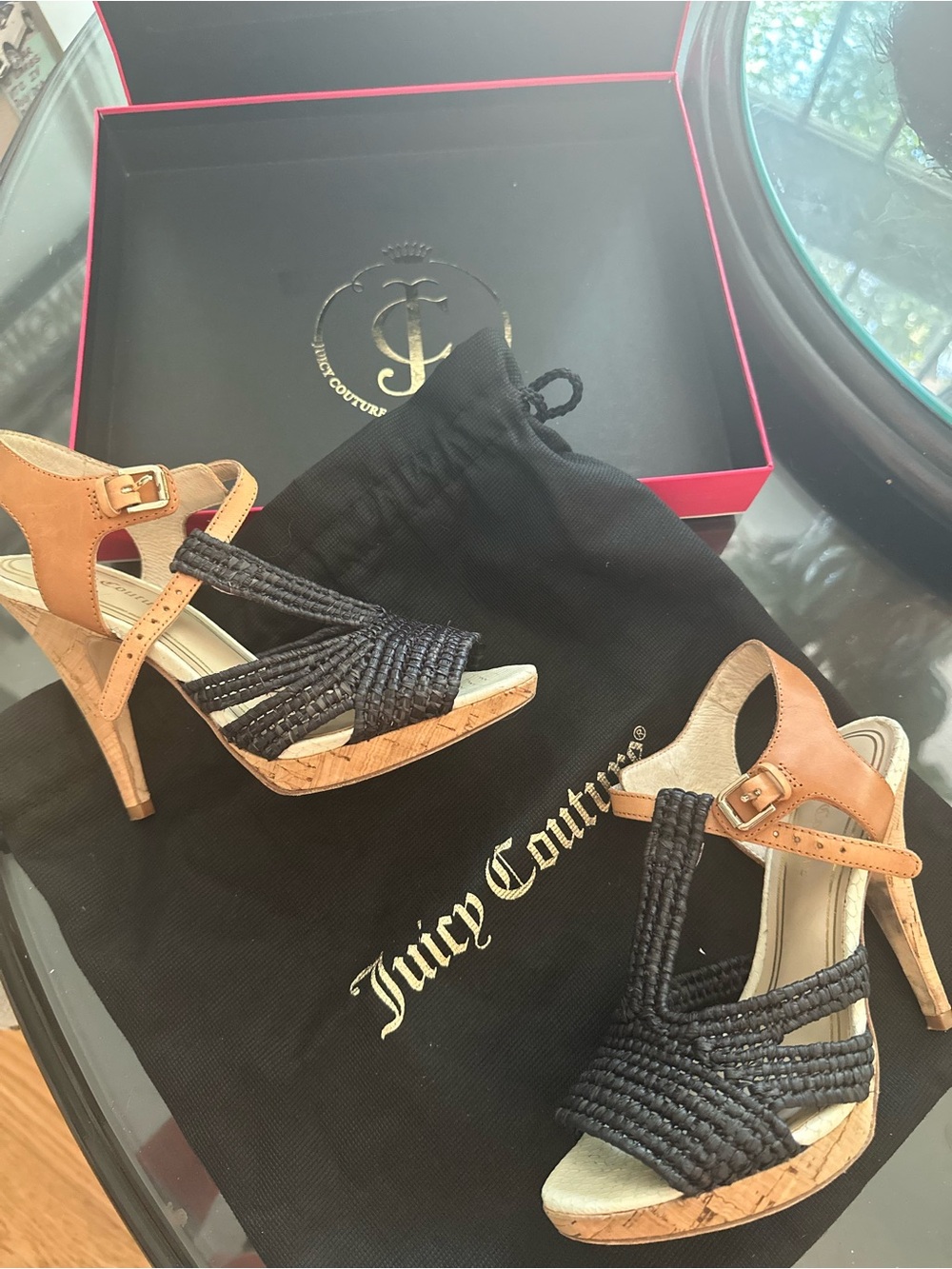 Juicy Couture Vintage Cork Stiletto Heels Woven Straw T Strap 6M